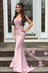Beautiful Off-the-shoulder Mermaid Lace Appliques Pearl Pink Bridesmaid Dress with Belt-Ballbella