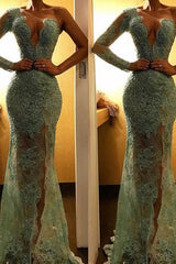 Beautiful One Shoulder Mermaid Evening Dress Lace Long Prom Party Dress-Ballbella