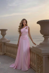 Beautiful Pink One Shoulder Chiffon Sleeveless Prom Dress A-Line Long With Pleats-Ballbella