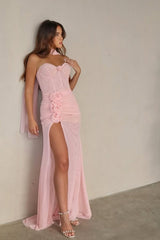 Beautiful Pink Sweetheart Chiffon Prom Dresses Long High Slit With Flower Pleats-Ballbella