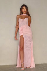 Beautiful Pink Sweetheart Chiffon Prom Dresses Long High Slit With Flower Pleats-Ballbella