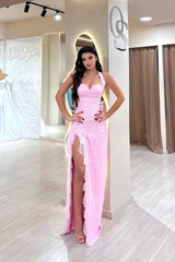 Beautiful Pink Sweetheart Halter Sleeveless Lace Prom Dress Mermaid With Side Split-Ballbella