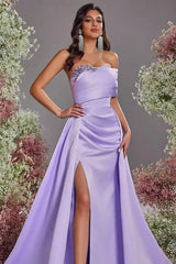 Beautiful Purple Strapless Sleeveless Satin Prom Dresses A-Line High Split With Gem-Ballbella