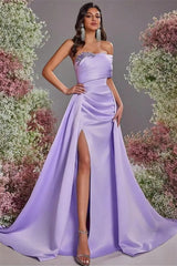 Beautiful Purple Strapless Sleeveless Satin Prom Dresses A-Line High Split With Gem-Ballbella