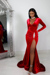 Beautiful Red V-Neck Long Sleeves Mermaid Prom Dresses Column With High Split Pleats-Ballbella
