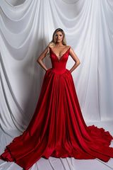 Beautiful Red V-Neck Strapless Satin Prom Dresses Sleeveless A-Line With Pearls Pleats-Ballbella