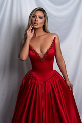 Beautiful Red V-Neck Strapless Satin Prom Dresses Sleeveless A-Line With Pearls Pleats-Ballbella