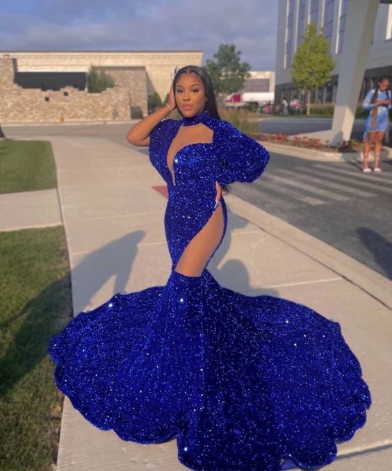 Beautiful Royal Blue High-neck Long Sleeve Lace Long Mermaid Prom Dress Beautiful Royal Blue High-neck Long Sleeve Lace Long Mermaid Prom Dress