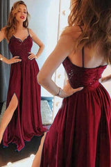 Beautiful Spaghetti-Straps Lace Appliques Prom Dress Long With Split-Ballbella