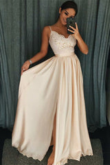 Beautiful Spaghetti-Straps Lace Appliques Prom Dress Long With Split-Ballbella