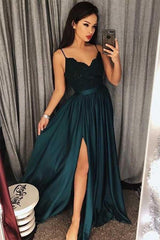 Beautiful Spaghetti-Straps Lace Appliques Prom Dress Long With Split-Ballbella