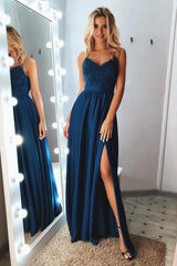 Beautiful Spaghetti-Straps Lace Appliques Prom Dress Long With Split-Ballbella