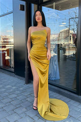 Beautiful Strapless Mermaid Prom Dress Long Pleated With Slit-Ballbella
