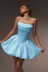 Beautiful Strapless Satin Homecoming Dresses Sleeveless A-Line Mini With Pleats-Ballbella