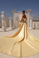 Beautiful Strapless Satin Prom Dresses A-Line Sleeveless Lace-Up-Back With Bow Knot Pleats-Ballbella