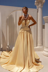 Beautiful Strapless Satin Prom Dresses A-Line Sleeveless Lace-Up-Back With Bow Knot Pleats-Ballbella