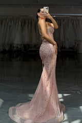 Beautiful Sweetheart Sleeveless Mermaid Prom Dresses Lace-Up Back Strapless Gem With Beads-Ballbella
