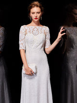 Beautiful White Evening Dresses Lace Half Sleeve Sequin Long Formal Occasion Dress-Ballbella