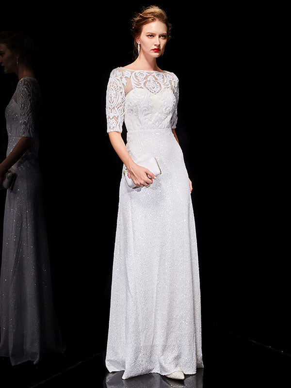 Beautiful White Evening Dresses Lace Half Sleeve Sequin Long Formal Occasion Dress Beautiful White Evening Dresses Lace Half Sleeve Sequin Long Formal Occasion Dress