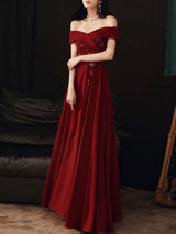 Beautiful Women's Evening Dress A-Line Bateau Neck Matte Satin Floor-Length Beaded Formal Dinner Dresses-Ballbella