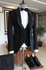 Bespoke 3-pieces Black Shawl Lapel One Button Wedding Tuxedos-Ballbella