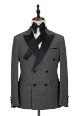 Bespoke Black-and-Gray Cruciform Satin Peak Lapel Double Breasted Men Formal Suit-Ballbella