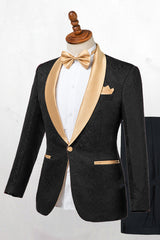 Bespoke Black One Button Wedding Men Suits with Gold Lapel-Ballbella