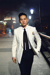 Bespoke Double Breasted Wedding Suits for Groom Black and White Mens Suits-Ballbella