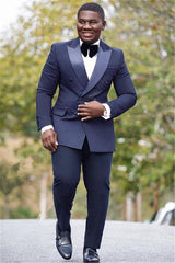 Bespoke Navy Blue Double Breasted Peaked Silk Lapel Mens Suit Online-Ballbella