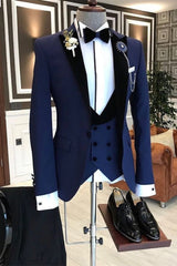 Bespoke Peaked Lapel Slim Fit Dark Navy Formal Business Men Suit-Ballbella