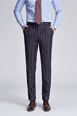 Bespoke Stripes Dark Navy Mens Suits Peak Lapel Three Flap Pockets Suits for Men-Ballbella