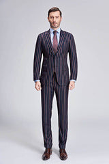Bespoke Stripes Dark Navy Mens Suits Peak Lapel Three Flap Pockets Suits for Men-Ballbella