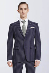Bespoke Stripes Navy Marriage Suits Narrow Notch Lapel Leisure Suits for Men-Ballbella