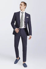 Bespoke Stripes Navy Marriage Suits Narrow Notch Lapel Leisure Suits for Men-Ballbella