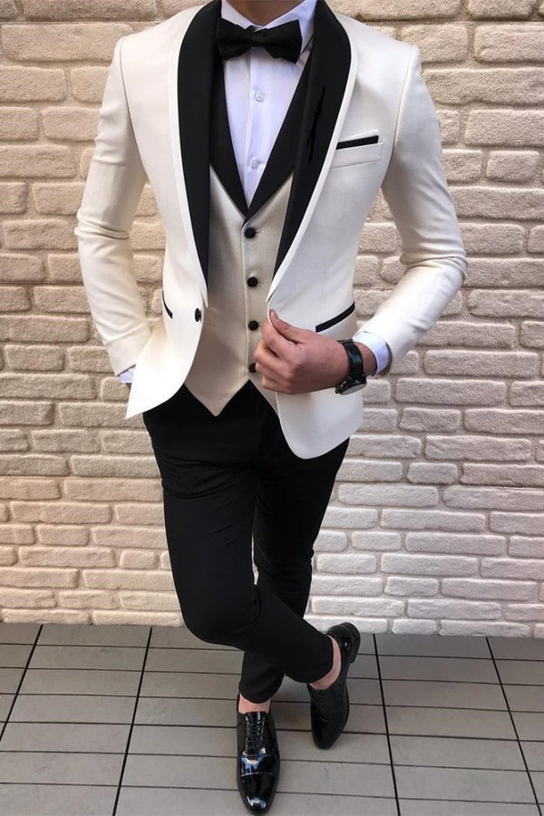 This Black-and-white Shawl Lapel Wedding Suits Tuxedos with Waistcoat at Ballbella comes in all sizes for prom, wedding and business. Shop an amazing selection of Shawl Lapel Single Breasted Black & White mens suits in cheap price.