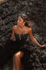 Black Beach Hi Lo Tulle Wedding Evening Gown Sleeveless lace-Ballbella