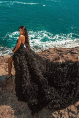 Black Beach Hi Lo Tulle Wedding Evening Gown Sleeveless lace-Ballbella