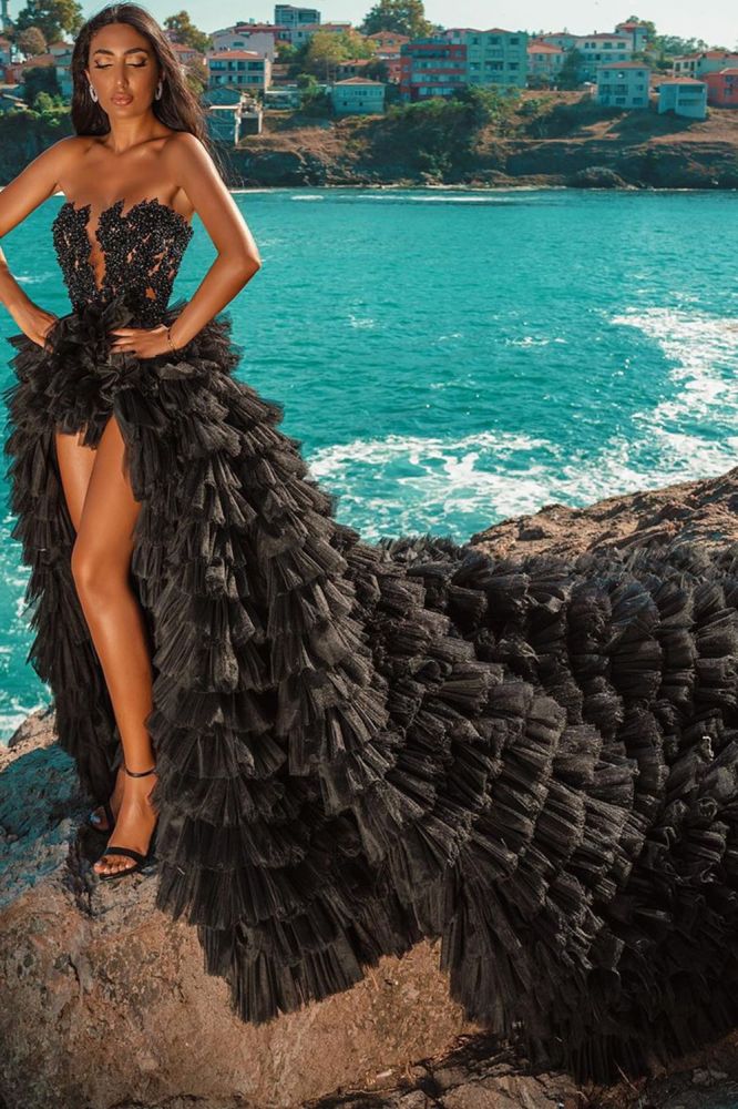 Black Beach Hi Lo Tulle Wedding Evening Gown Sleeveless lace Black Beach Hi Lo Tulle Wedding Evening Gown Sleeveless lace
