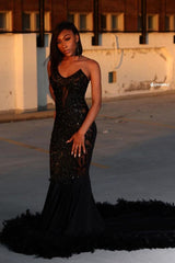Black Chic Mermaid Prom Party GownsSweetheart Sequined Evening Dress-Ballbella