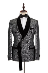 Black Classy Silver Leopard Jacquard Men's Suit Shawl Lapel Double Breasted Wedding Suit for Formal-Ballbella