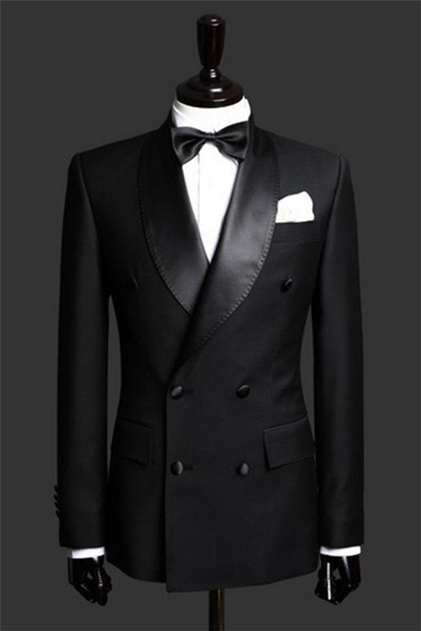 Ballbella made this Black Double Breast Wedding Suits Tuxedos, Satin Lapel Two-pieces(Jacket pants) for wedding/prom with rush order service. Discover the design of this Black Solid Shawl Lapel Double Breasted mens suits cheap for prom, wedding or formal business occasion.
