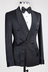 Black Double Breasted Shawl Lapel Jacuqard Wedding Suit-Ballbella
