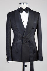 Black Double Breasted Shawl Lapel Jacuqard Wedding Suit-Ballbella