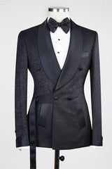 Black Double Breasted Shawl Lapel Jacuqard Wedding Suit-Ballbella