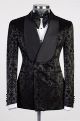 Black Floral Jacquard Shawl Lapel Men's Suit-Ballbella