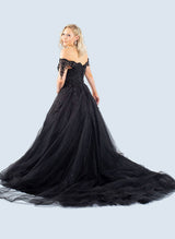 Black Gothic Ball-Gown Off-The-Shoulder Tulle Prom Dresses Featuring Appliques Lace-Ballbella