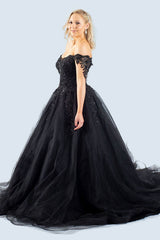Black Gothic Ball-Gown Off-The-Shoulder Tulle Prom Dresses Featuring Appliques Lace-Ballbella