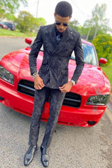 Black Jacquard Peaked Lapel Double-Breasted Prom Suit-Ballbella