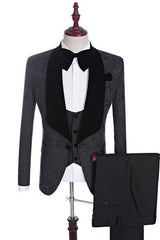 Black Jacquard Three-pieces Shawl Lapel Wedding Suits for Men-Ballbella