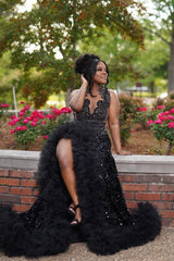 Black Keyhole Feathers High Split Mermaid Sequin Prom Dresses-Ballbella